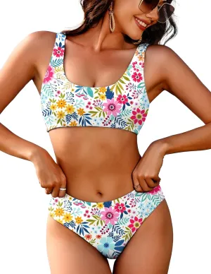 AI'MAGE Women Ribbed Bikini Sets Sporty Swimsuits Scoop Neck Two Piece Bathing Suits High Cut Bikini XS-XXL