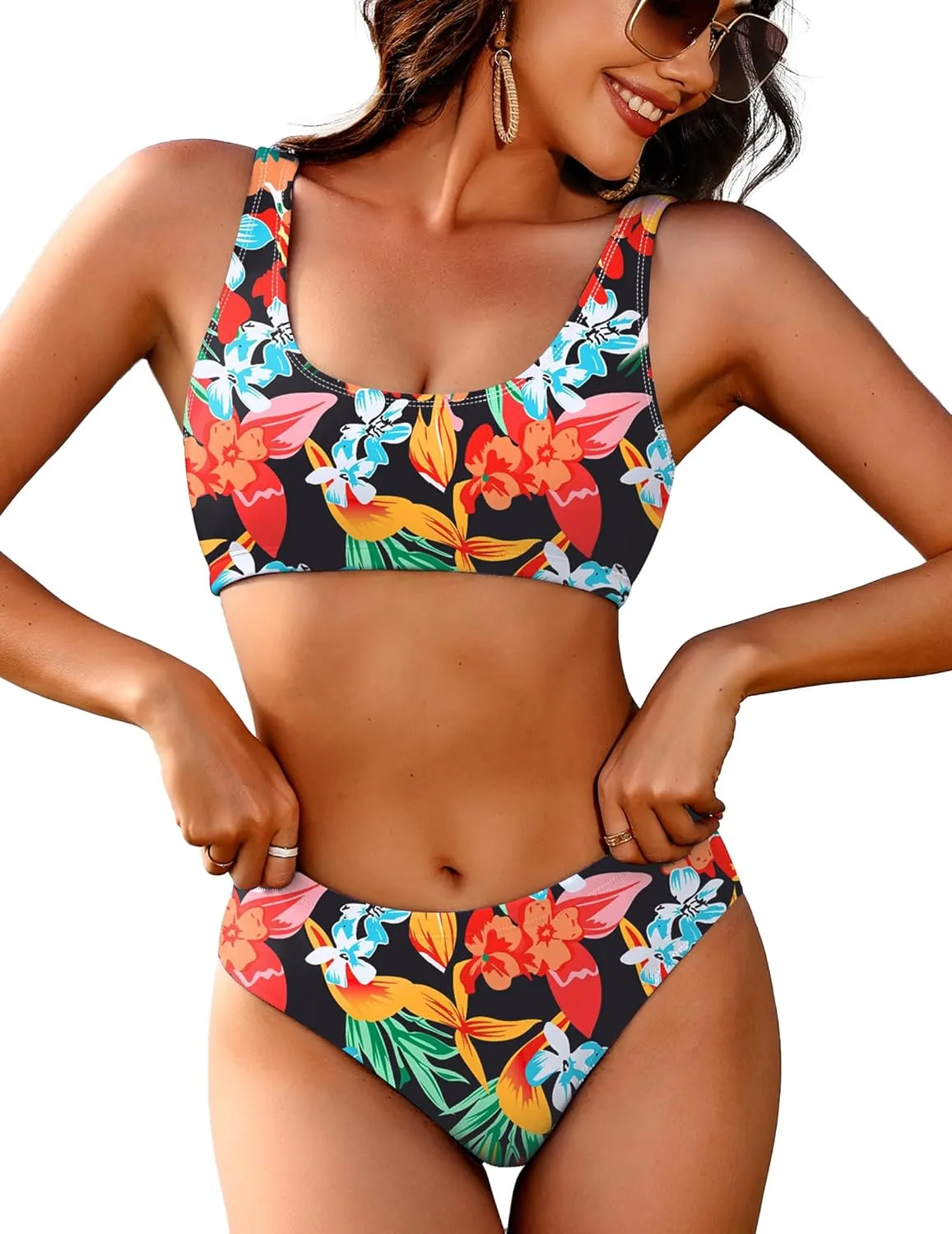 AI'MAGE Women Ribbed Bikini Sets Sporty Swimsuits Scoop Neck Two Piece Bathing Suits High Cut Bikini XS-XXL
