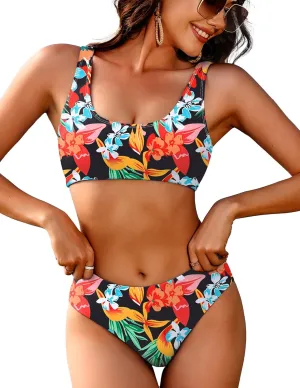 AI'MAGE Women Ribbed Bikini Sets Sporty Swimsuits Scoop Neck Two Piece Bathing Suits High Cut Bikini XS-XXL