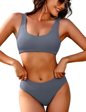 AI'MAGE Women Ribbed Bikini Sets Sporty Swimsuits Scoop Neck Two Piece Bathing Suits High Cut Bikini XS-XXL