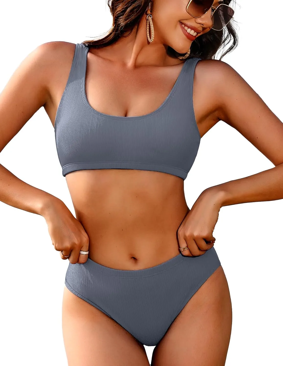 AI'MAGE Women Ribbed Bikini Sets Sporty Swimsuits Scoop Neck Two Piece Bathing Suits High Cut Bikini XS-XXL