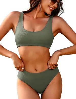 AI'MAGE Women Ribbed Bikini Sets Sporty Swimsuits Scoop Neck Two Piece Bathing Suits High Cut Bikini XS-XXL