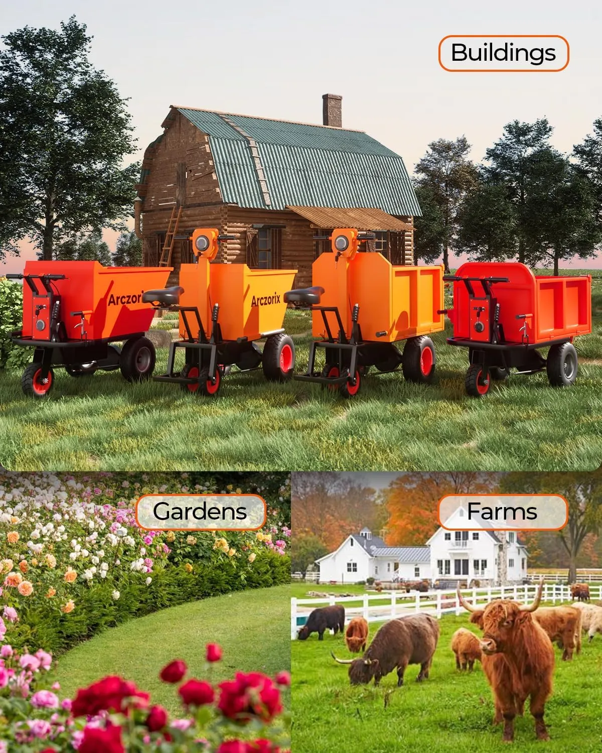 [All-Terrain Tires] Arczorix Wheelbarrow Utility Cart 48V 20A Sealed Lead Acid Battery 1500W Capacity 2205Lbs with Manual Dumper & All-Terrain Wheels, Material Hauler