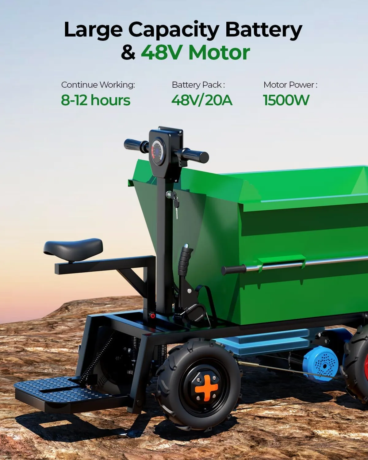 [All-Terrain Tires] Arczorix Wheelbarrow Utility Cart 48V 20A Sealed Lead Acid Battery 1500W Capacity 2205Lbs with Manual Dumper & All-Terrain Wheels, Material Hauler