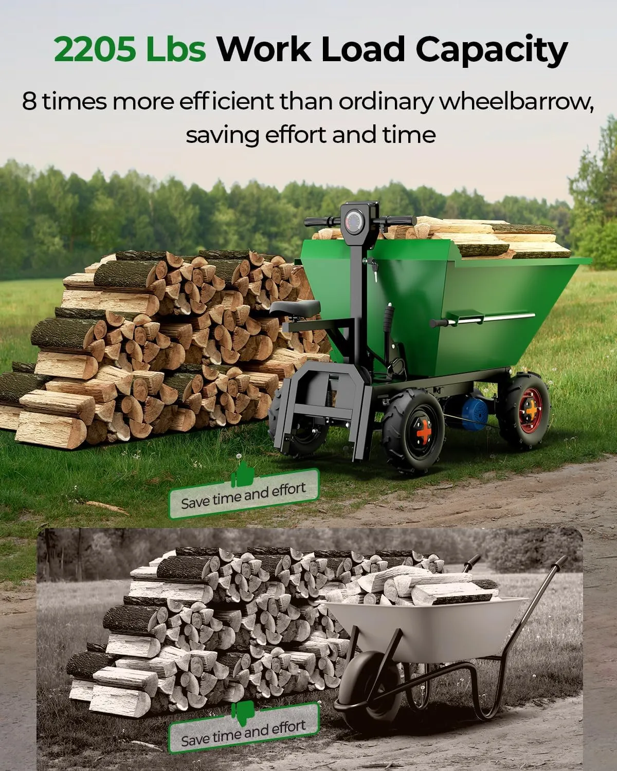 [All-Terrain Tires] Arczorix Wheelbarrow Utility Cart 48V 20A Sealed Lead Acid Battery 1500W Capacity 2205Lbs with Manual Dumper & All-Terrain Wheels, Material Hauler