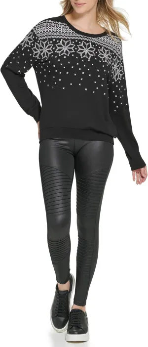 Andrew Marc Women's Long Sleeve Crewneck Patterned Top