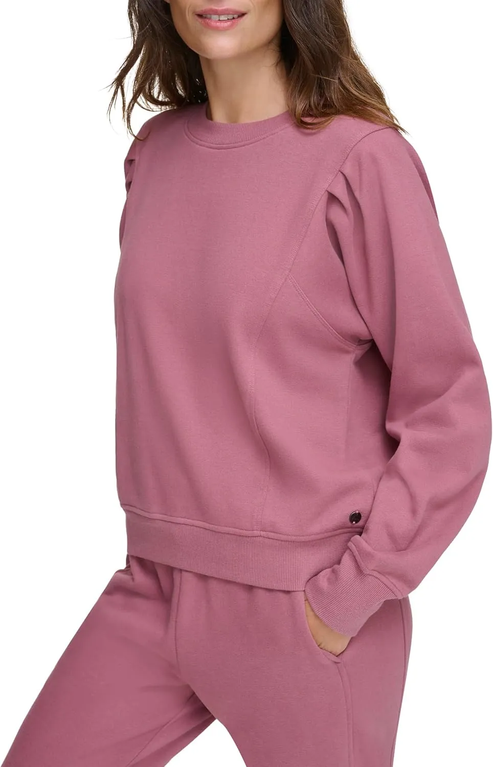 Andrew Marc womens Pleated Shoulder Crewneck Fleece Top
