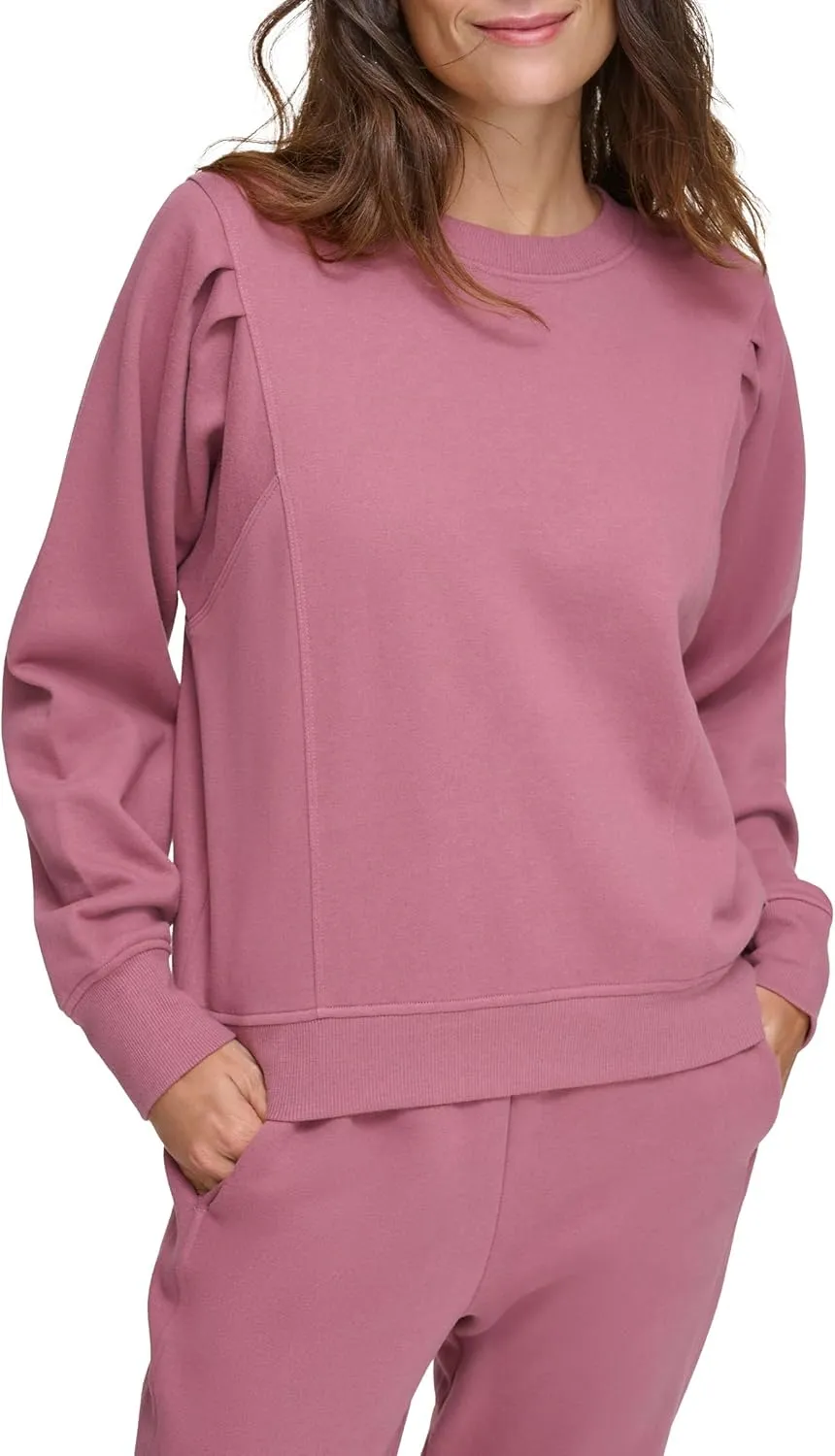 Andrew Marc womens Pleated Shoulder Crewneck Fleece Top
