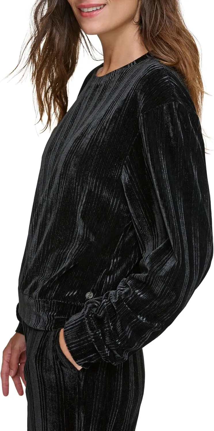 Andrew Marc Women's Round Neck Velvet Ribbed Top