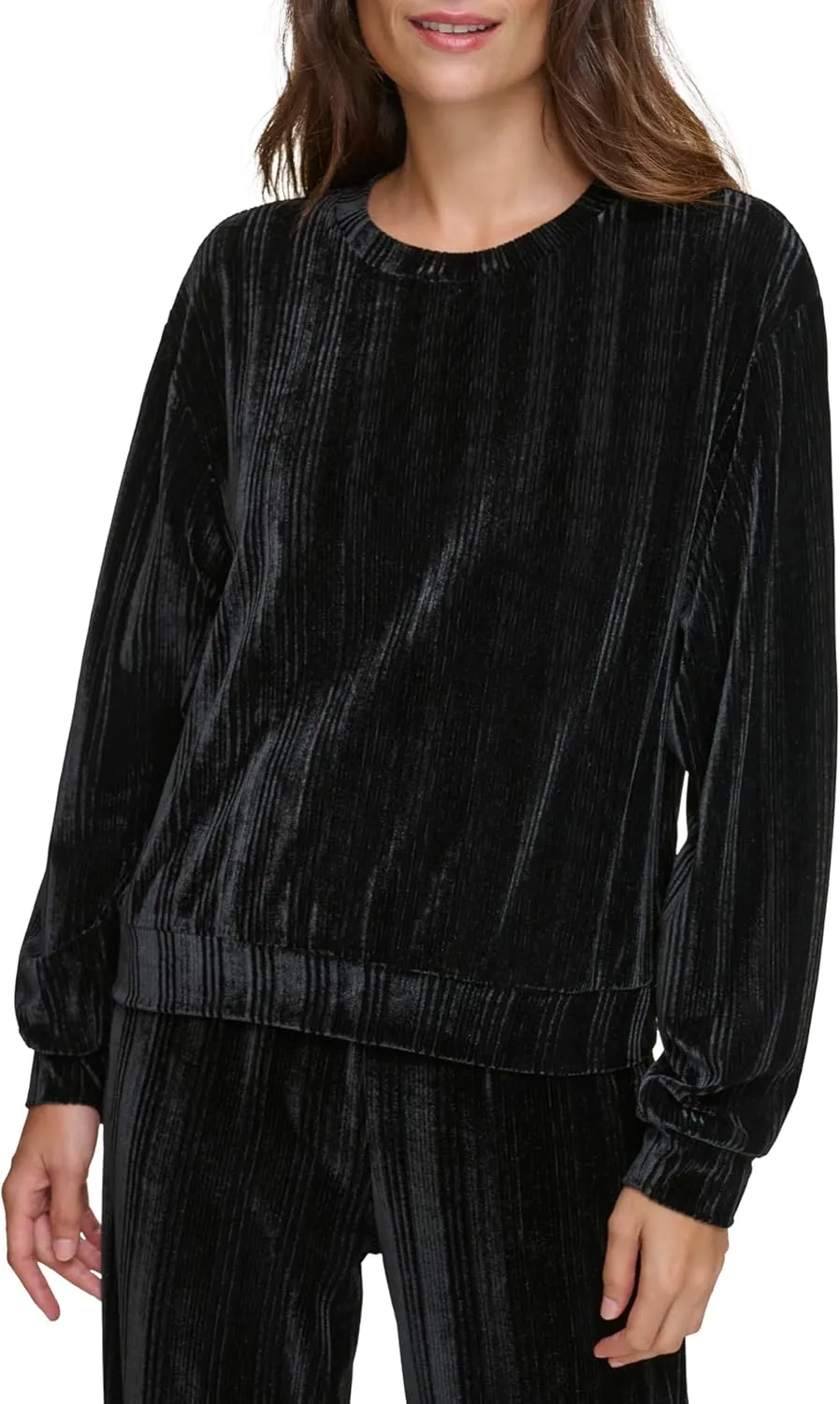 Andrew Marc Women's Round Neck Velvet Ribbed Top