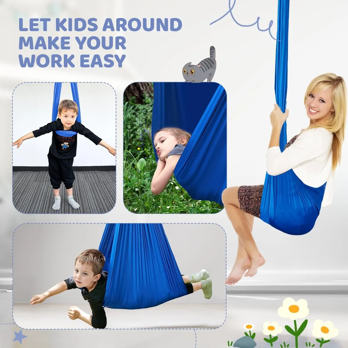 Aokitec Therapy Swing for Kids with Special Needs (Hardware Included) Snuggle Swing Cuddle Hammock Indoor Adjustable Aerial Yoga for Children with Autism, ADHD, Asperger, Sensory Integration(Blue)