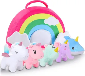 Aoriher 6 Pieces Plush Stuffed Toys Unicorn Animal Set with Rainbow Case Include Unicorns Hippo Elephant Dolphin Kids Girls Gifts for Christmas