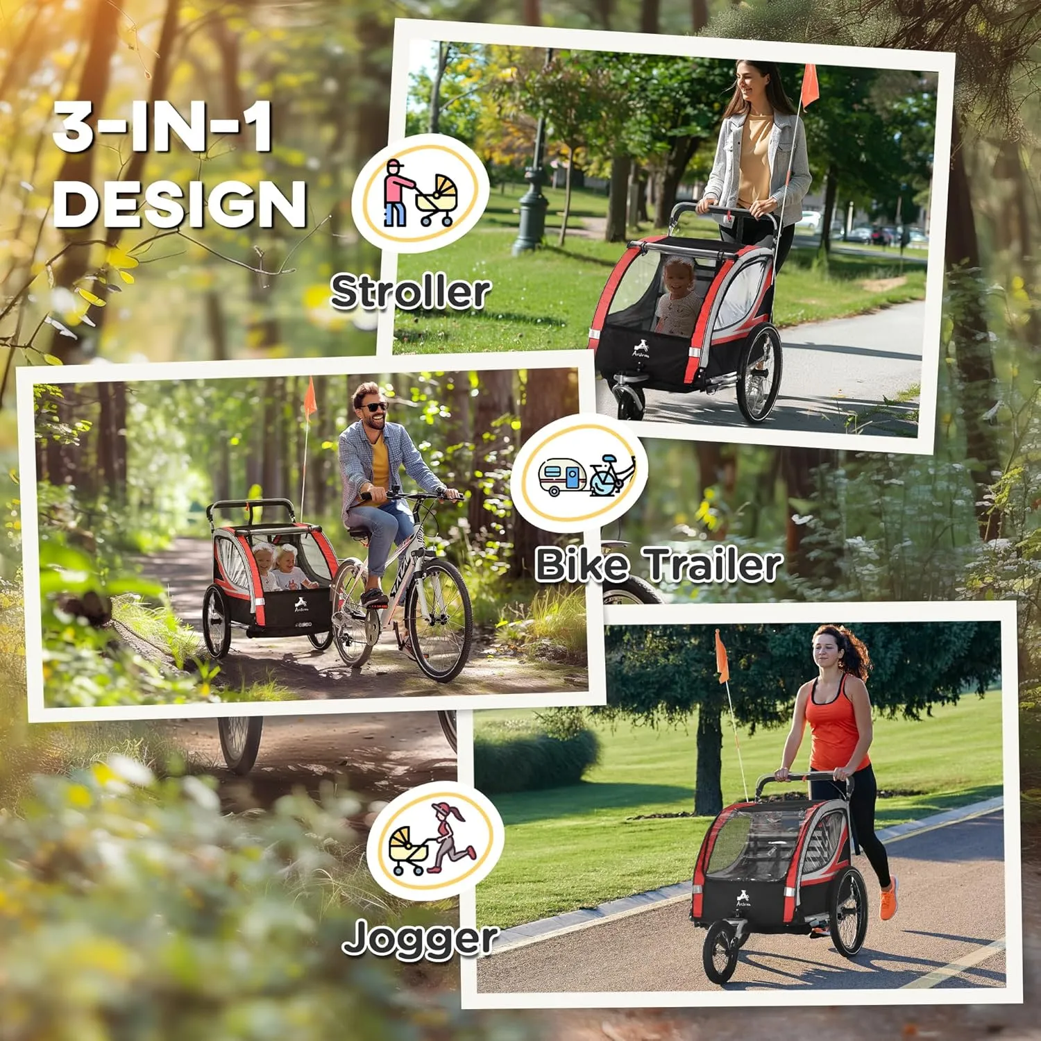Aosom 3-in-1 Walk/Jog/Ride Child Baby Bike Trailer for Kids 2 Seater, High-Visibility Bike Stroller for Toddler Wagon, Weather-Strong Double Bicycle Trailer Accessory for Kids