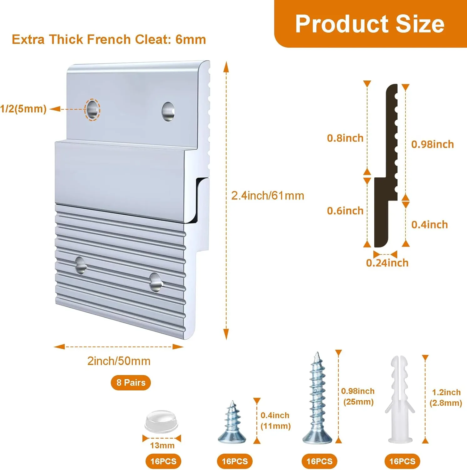 Apragaz French Cleat, Heavy Duty Hanging Picture and Mirror Hanger with Screws, Keep Level, Aluminum, Holds 30 lbs. per Pair, 2 inch - 8 Pair