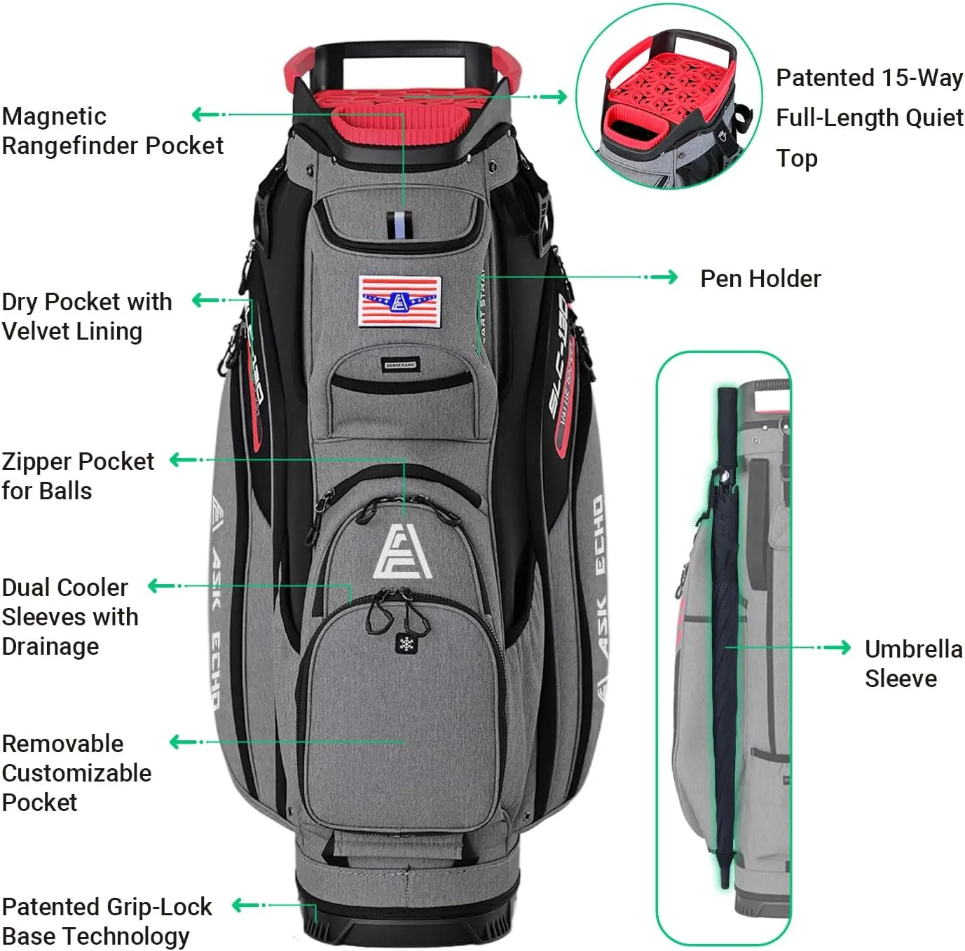 ASK ECHO 2024 SLC-130 Golf Cart Bag with 15 Way Full Length Dividers Top, Premium Soundless Golf Cart Bag with Rain Cover for Men