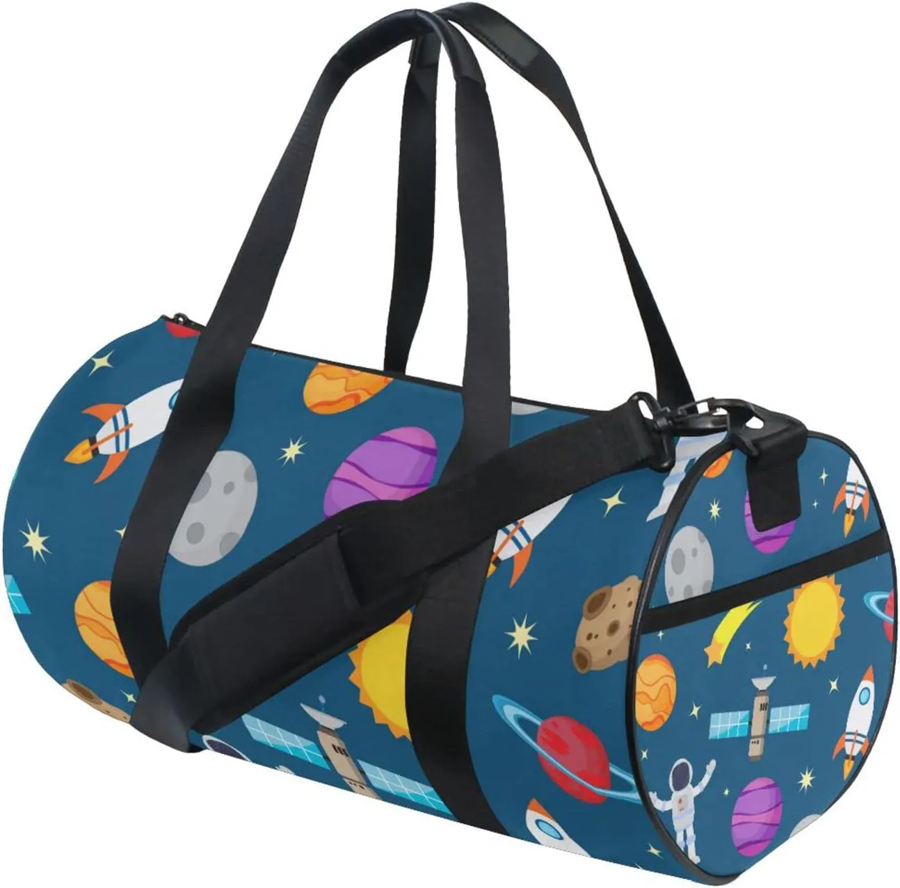 Astronauts, Rocket, Planets, Sun, Moon in Blue Space Galaxy Space Duffel Bag, Foldable Canvas Travel Tote for Gym Sports with Inner Pockets, Durable Lightweight Fitness Bag for Overnight Workout