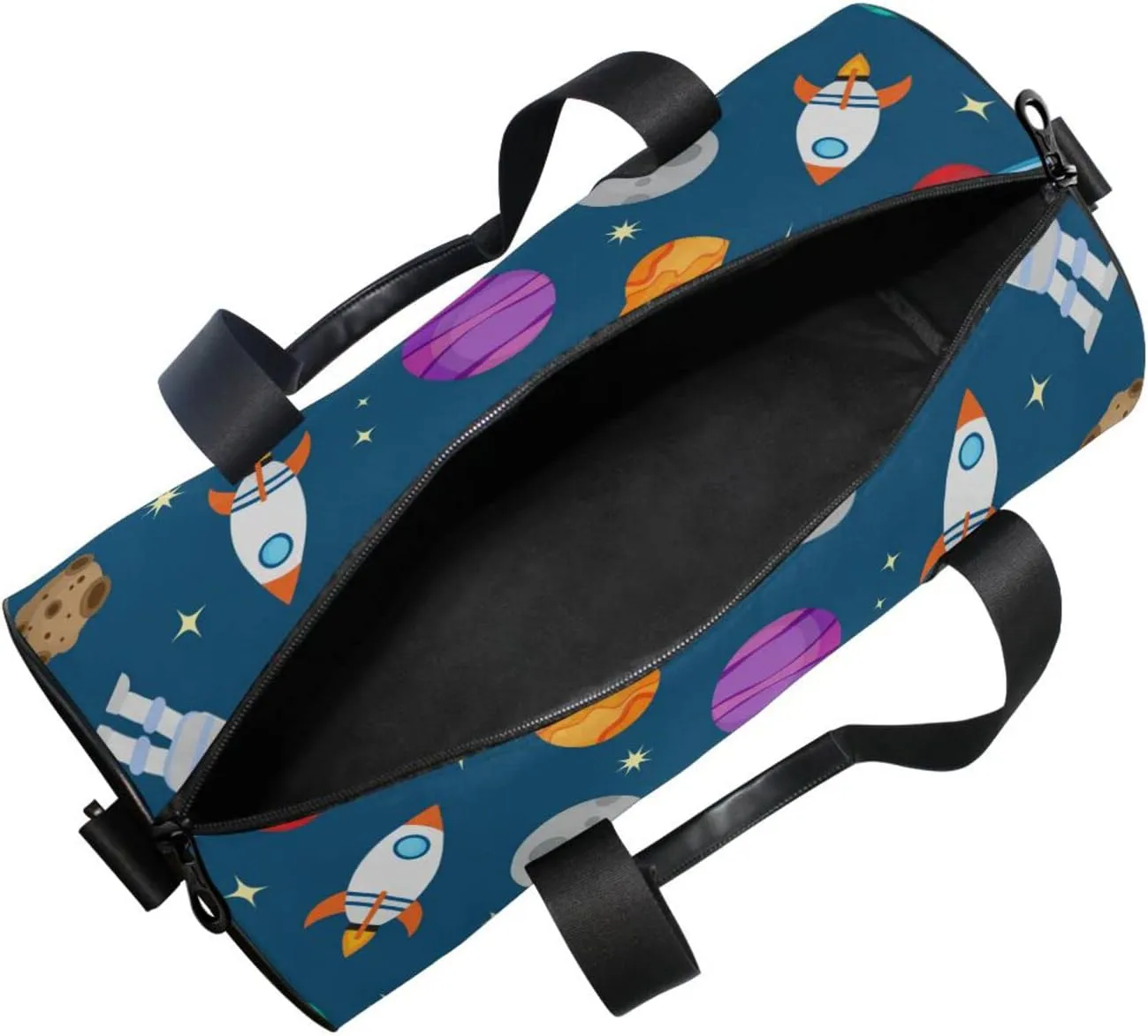 Astronauts, Rocket, Planets, Sun, Moon in Blue Space Galaxy Space Duffel Bag, Foldable Canvas Travel Tote for Gym Sports with Inner Pockets, Durable Lightweight Fitness Bag for Overnight Workout