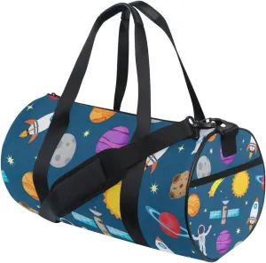 Astronauts, Rocket, Planets, Sun, Moon in Blue Space Galaxy Space Duffel Bag, Foldable Canvas Travel Tote for Gym Sports with Inner Pockets, Durable Lightweight Fitness Bag for Overnight Workout