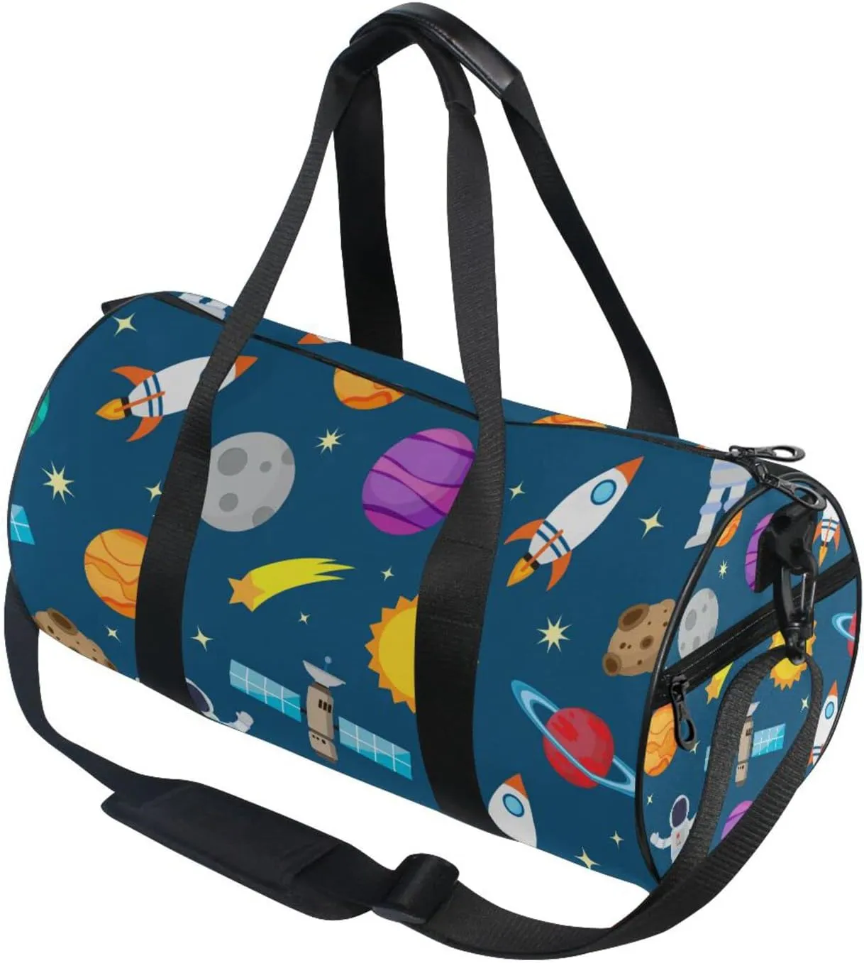 Astronauts, Rocket, Planets, Sun, Moon in Blue Space Galaxy Space Duffel Bag, Foldable Canvas Travel Tote for Gym Sports with Inner Pockets, Durable Lightweight Fitness Bag for Overnight Workout