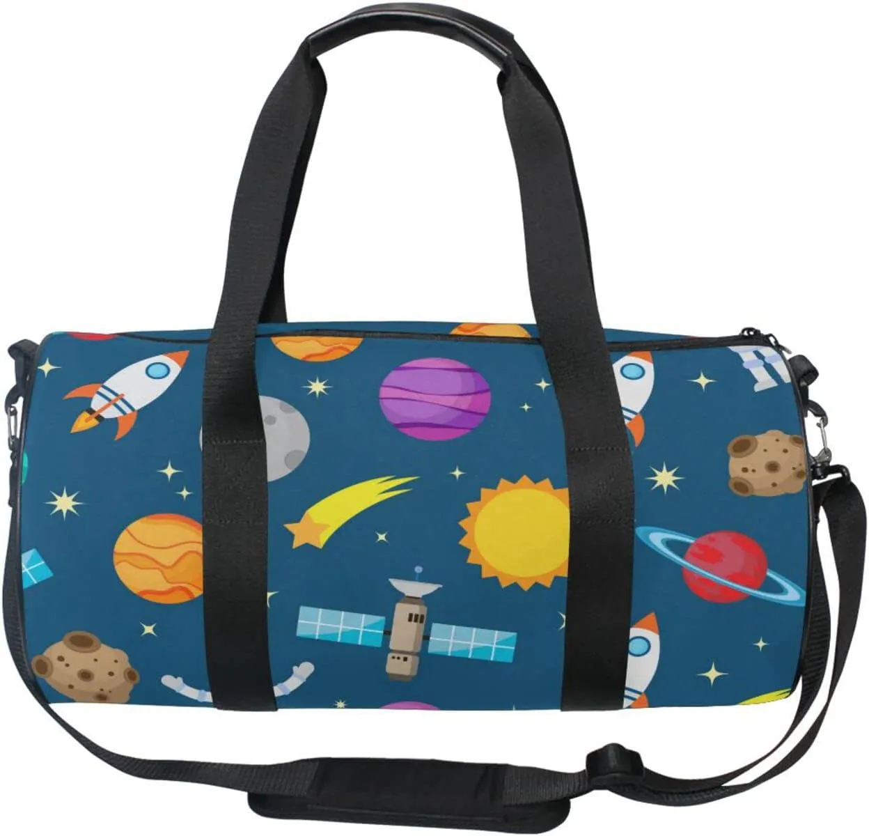 Astronauts, Rocket, Planets, Sun, Moon in Blue Space Galaxy Space Duffel Bag, Foldable Canvas Travel Tote for Gym Sports with Inner Pockets, Durable Lightweight Fitness Bag for Overnight Workout