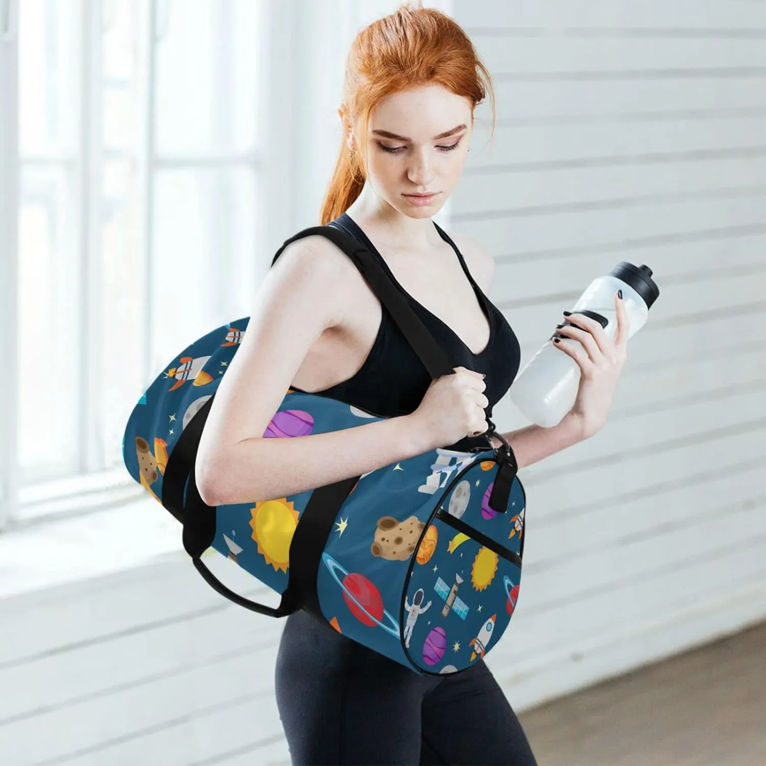 Astronauts, Rocket, Planets, Sun, Moon in Blue Space Galaxy Space Duffel Bag, Foldable Canvas Travel Tote for Gym Sports with Inner Pockets, Durable Lightweight Fitness Bag for Overnight Workout