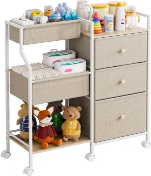 Baby Organizer and Storage - 3 Tier Rolling Cart with Dividers and Drawers, Easy to Assemble, Mobile Utility Cart with Wheels for Nursery, Bedroom, Changing Table & Crib,Off White