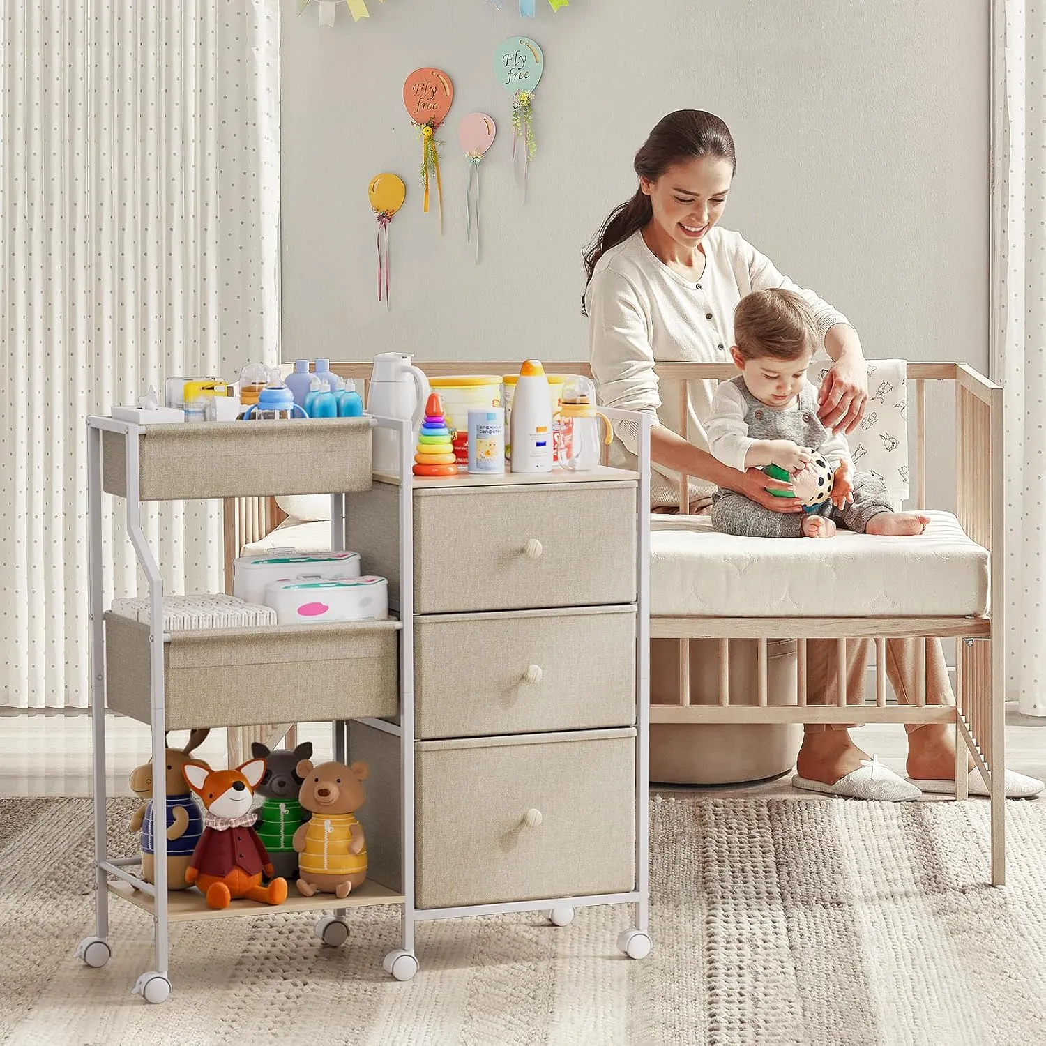 Baby Organizer and Storage - 3 Tier Rolling Cart with Dividers and Drawers, Easy to Assemble, Mobile Utility Cart with Wheels for Nursery, Bedroom, Changing Table & Crib,Off White