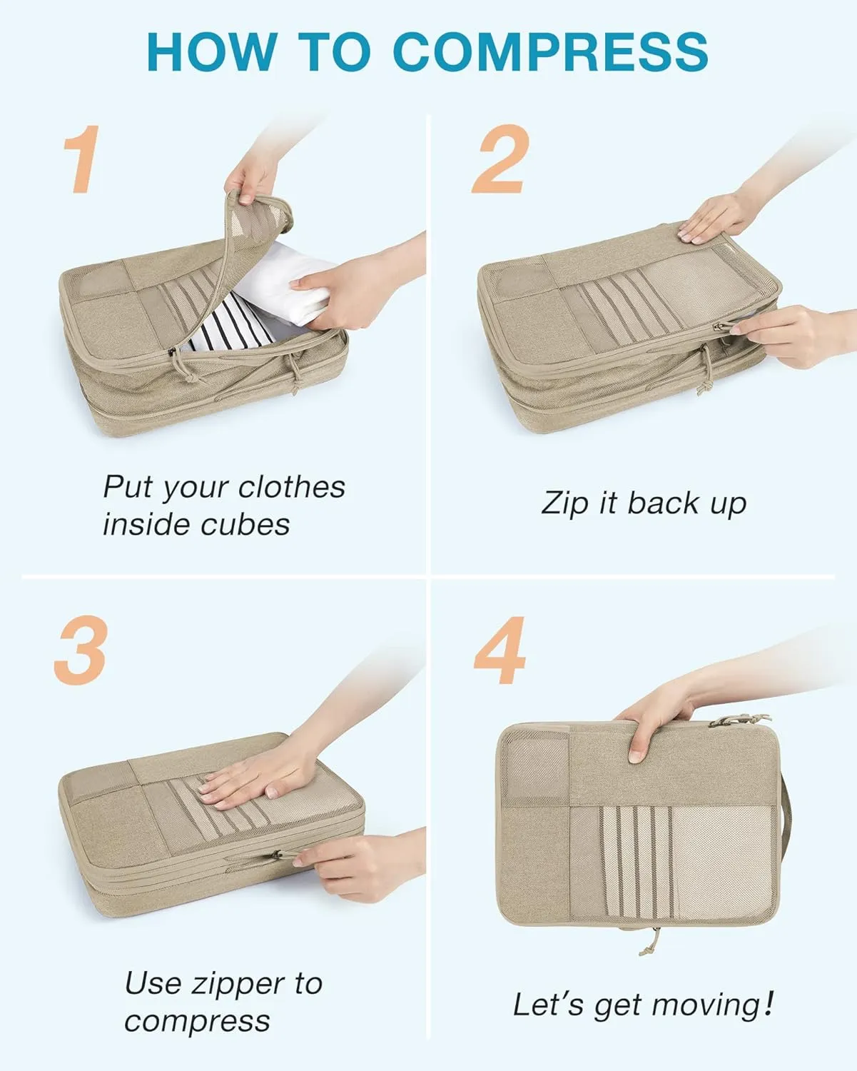 BAGSMART Compression Packing Cubes for Travel, 6 Set Packing Cubes for Carry on Suitcases, Compression Travel Cubes & Suitcase Organizer for Packing with Shoe Bag Khaki