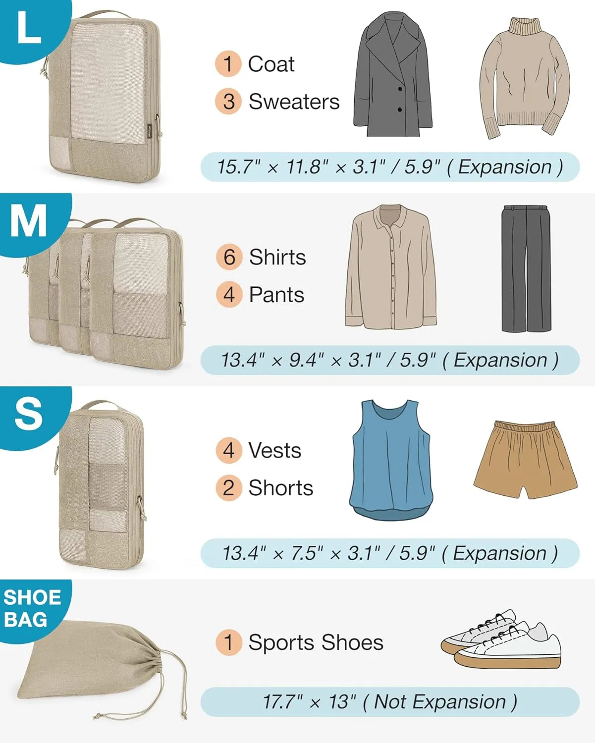 BAGSMART Compression Packing Cubes for Travel, 6 Set Packing Cubes for Carry on Suitcases, Compression Travel Cubes & Suitcase Organizer for Packing with Shoe Bag Khaki