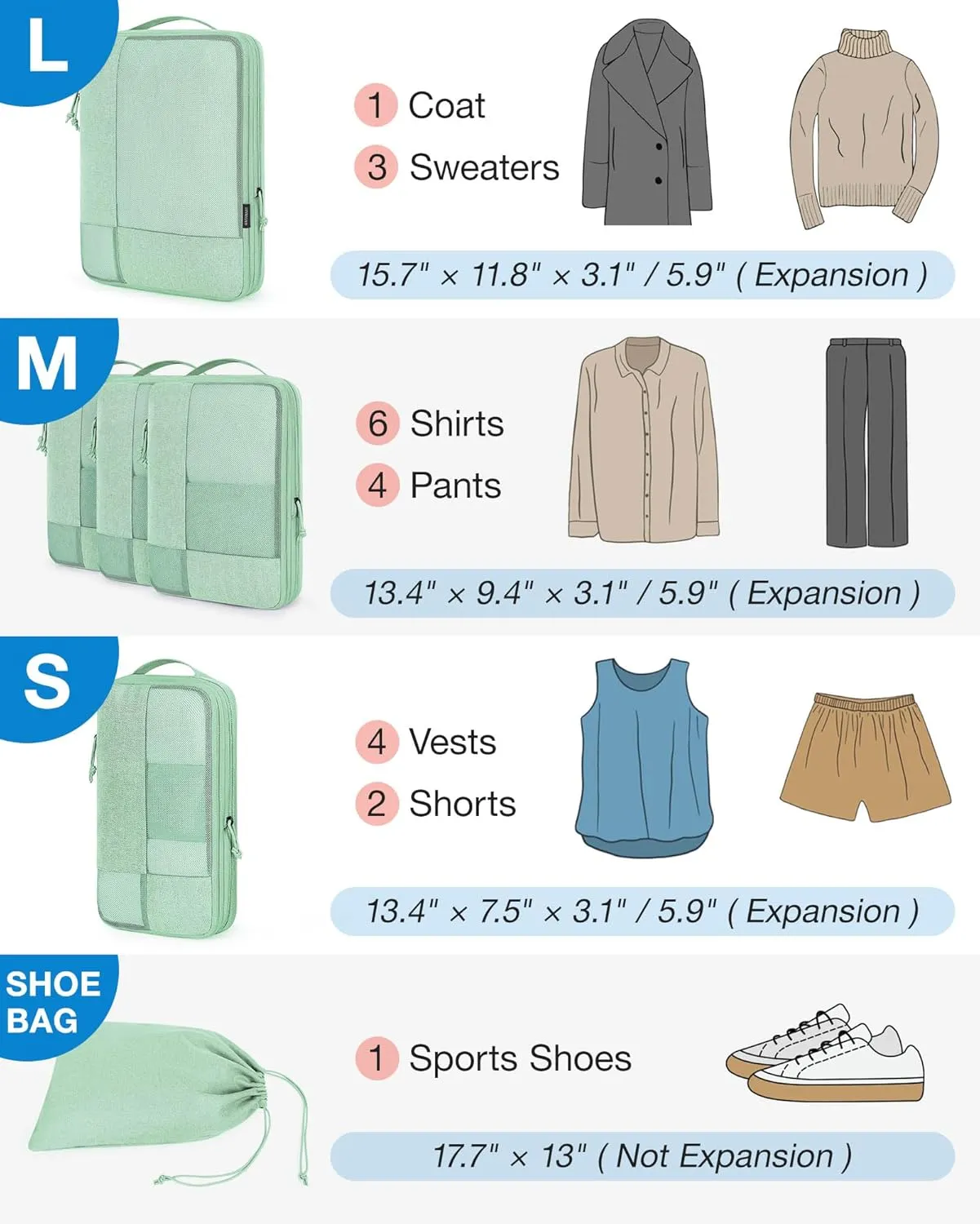 BAGSMART Compression Packing Cubes for Travel, 6 Set Packing Cubes for Carry on Suitcases, Compression Travel Cubes & Suitcase Organizer for Packing with Shoe Bag
