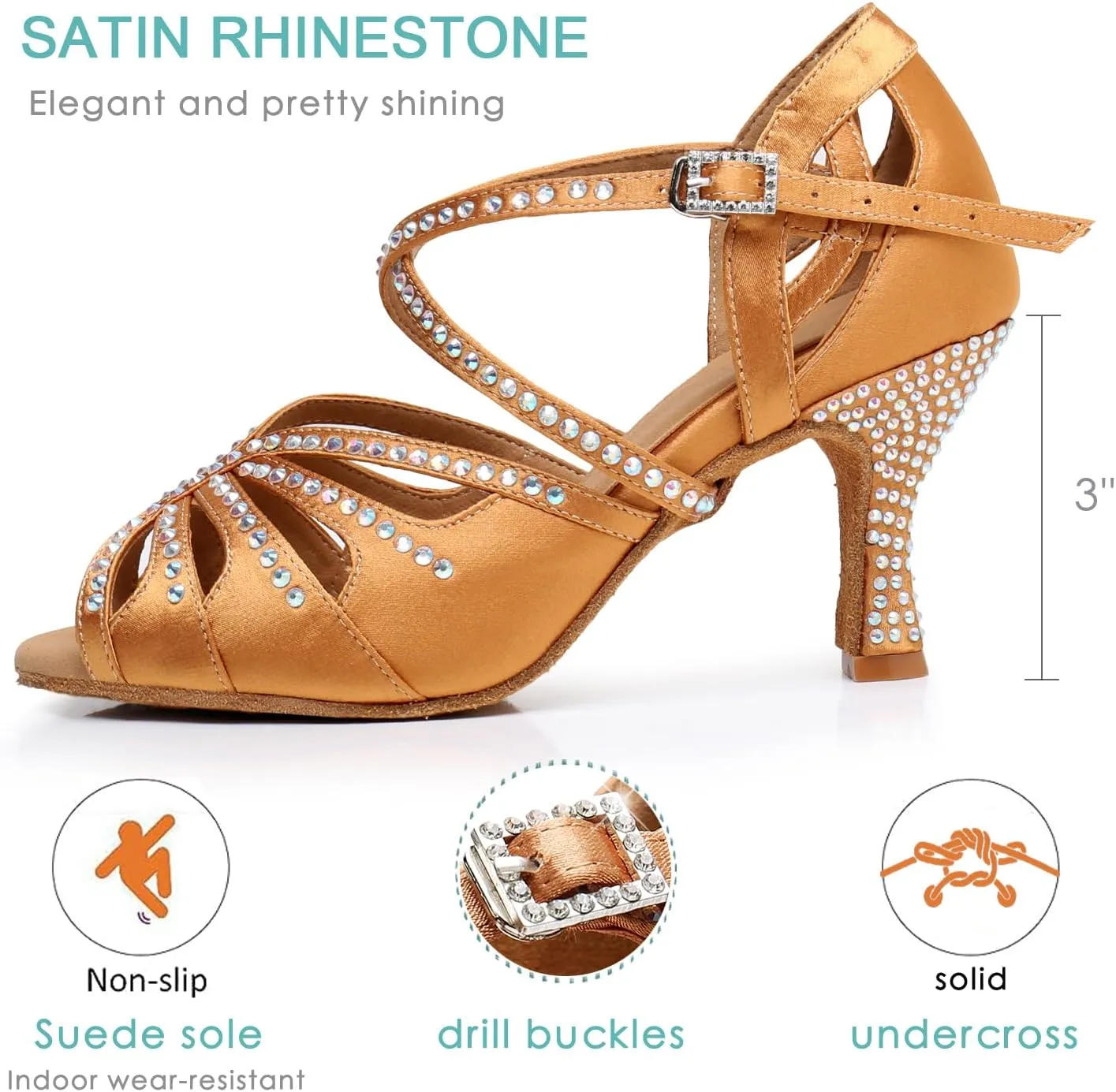 Ballroom Dance Shoes for Women – Salsa Latin Dancing Shoes, Professional 3 Inch Ladies Satin Rhinestone Dance Heels, 3＂Mid Heel Suede Sole