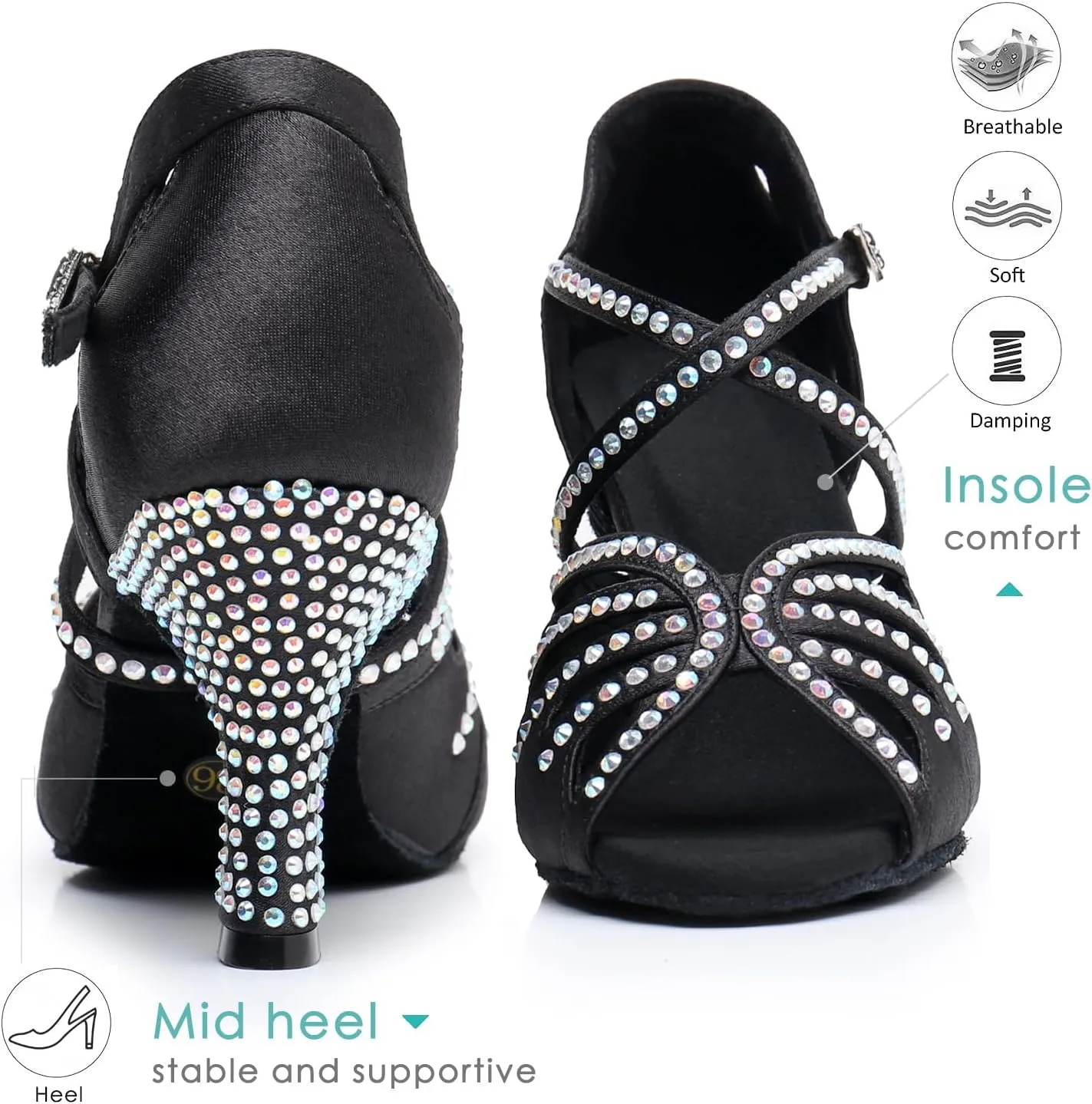 Ballroom Dance Shoes for Women – Salsa Latin Dancing Shoes, Professional 3 Inch Ladies Satin Rhinestone Dance Heels, 3＂Mid Heel Suede Sole