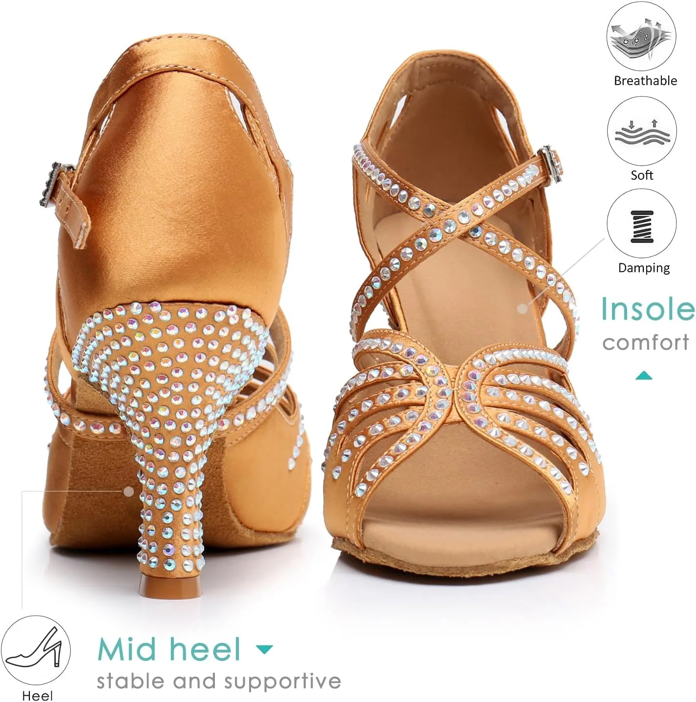 Ballroom Dance Shoes for Women – Salsa Latin Dancing Shoes, Professional 3 Inch Ladies Satin Rhinestone Dance Heels, 3＂Mid Heel Suede Sole