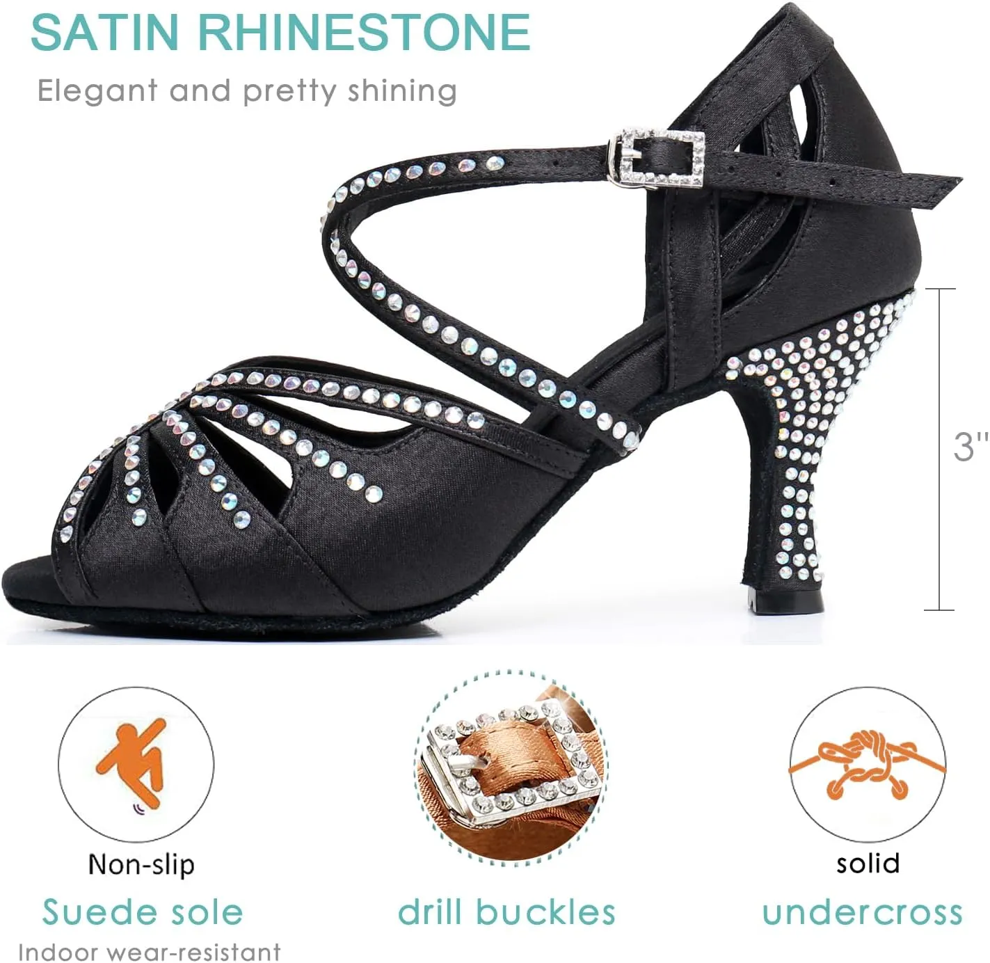 Ballroom Dance Shoes for Women – Salsa Latin Dancing Shoes, Professional 3 Inch Ladies Satin Rhinestone Dance Heels, 3＂Mid Heel Suede Sole