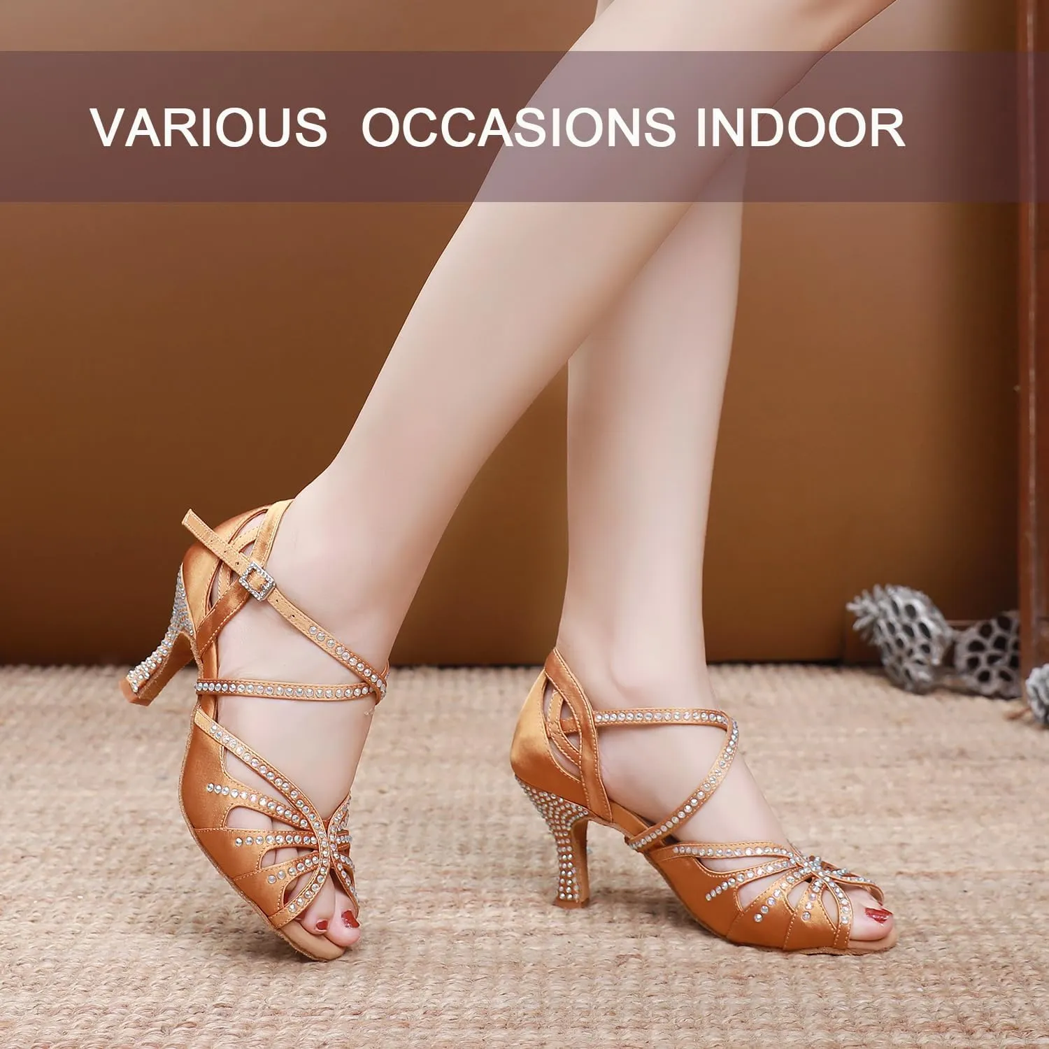 Ballroom Dance Shoes for Women – Salsa Latin Dancing Shoes, Professional 3 Inch Ladies Satin Rhinestone Dance Heels, 3＂Mid Heel Suede Sole