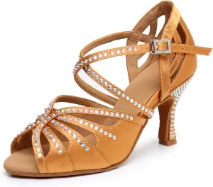 Ballroom Dance Shoes for Women – Salsa Latin Dancing Shoes, Professional 3 Inch Ladies Satin Rhinestone Dance Heels, 3＂Mid Heel Suede Sole