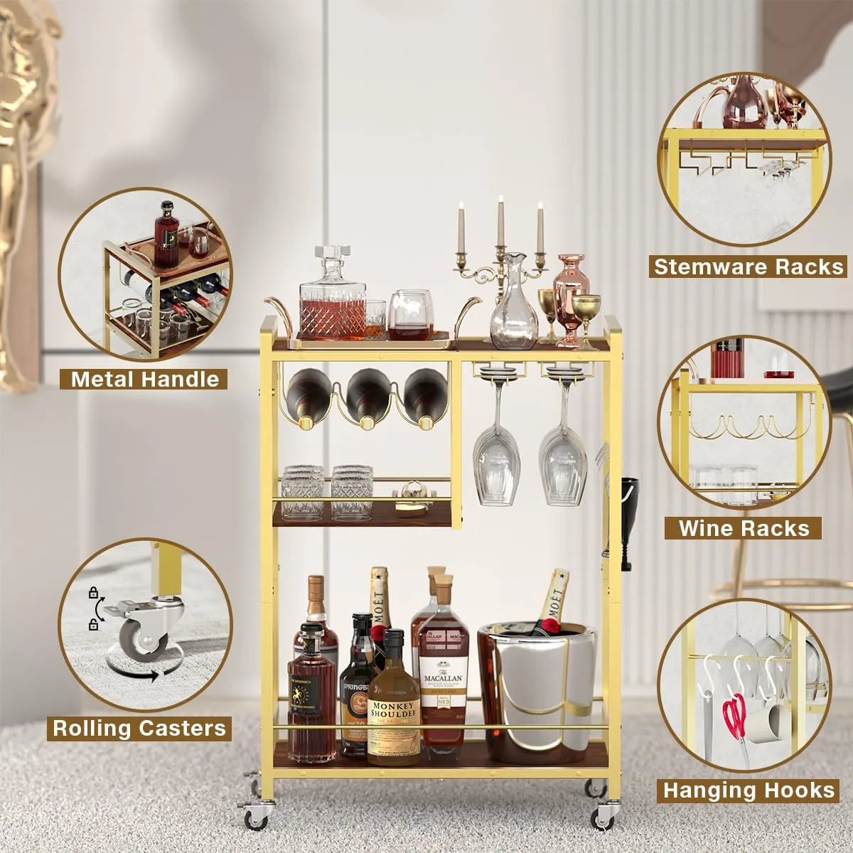 Bar Cart for Home Portable Rolling with Wheels Wine & Whiskey Beverage Unique Small Space Liquor Coffee Accessories Home Serving Carts Wine Table 3-Tier Utility Black
