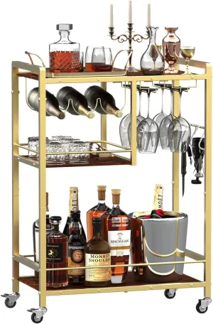Bar Cart for Home Portable Rolling with Wheels Wine & Whiskey Beverage Unique Small Space Liquor Coffee Accessories Home Serving Carts Wine Table 3-Tier Utility Black