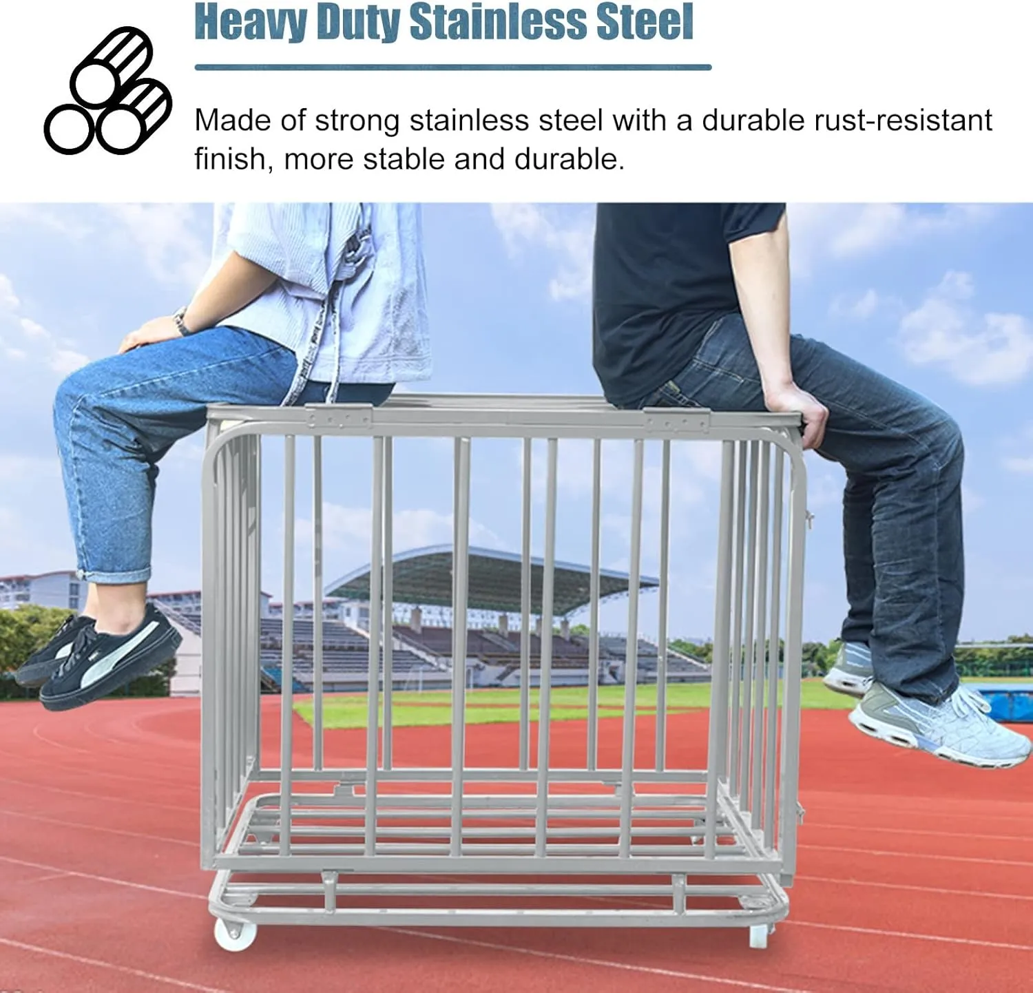 Basketball Cage on Wheels, Heavy Duty Stainless Steel Soccer Equipment Cart with Lockable Hinge Cover, Basketball Organizer for Indoor Outdoor