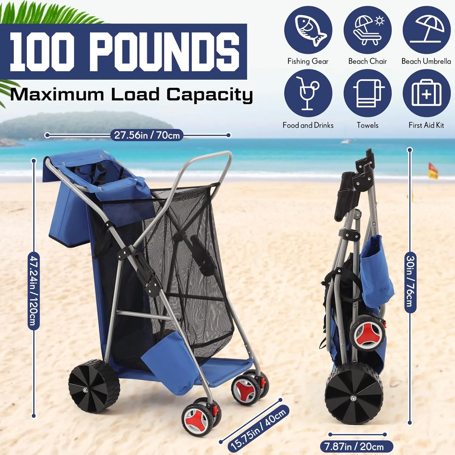 Beach Cart with Big Wheels for Sand Foldable Beach Buggy Wide Wheel Storage Wagon Lightweight Rust Free Aluminum Frame with Body Board Holder Removable Tote for Most Terrain