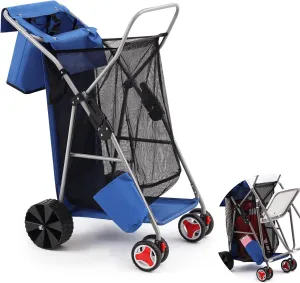 Beach Cart with Big Wheels for Sand Foldable Beach Buggy Wide Wheel Storage Wagon Lightweight Rust Free Aluminum Frame with Body Board Holder Removable Tote for Most Terrain