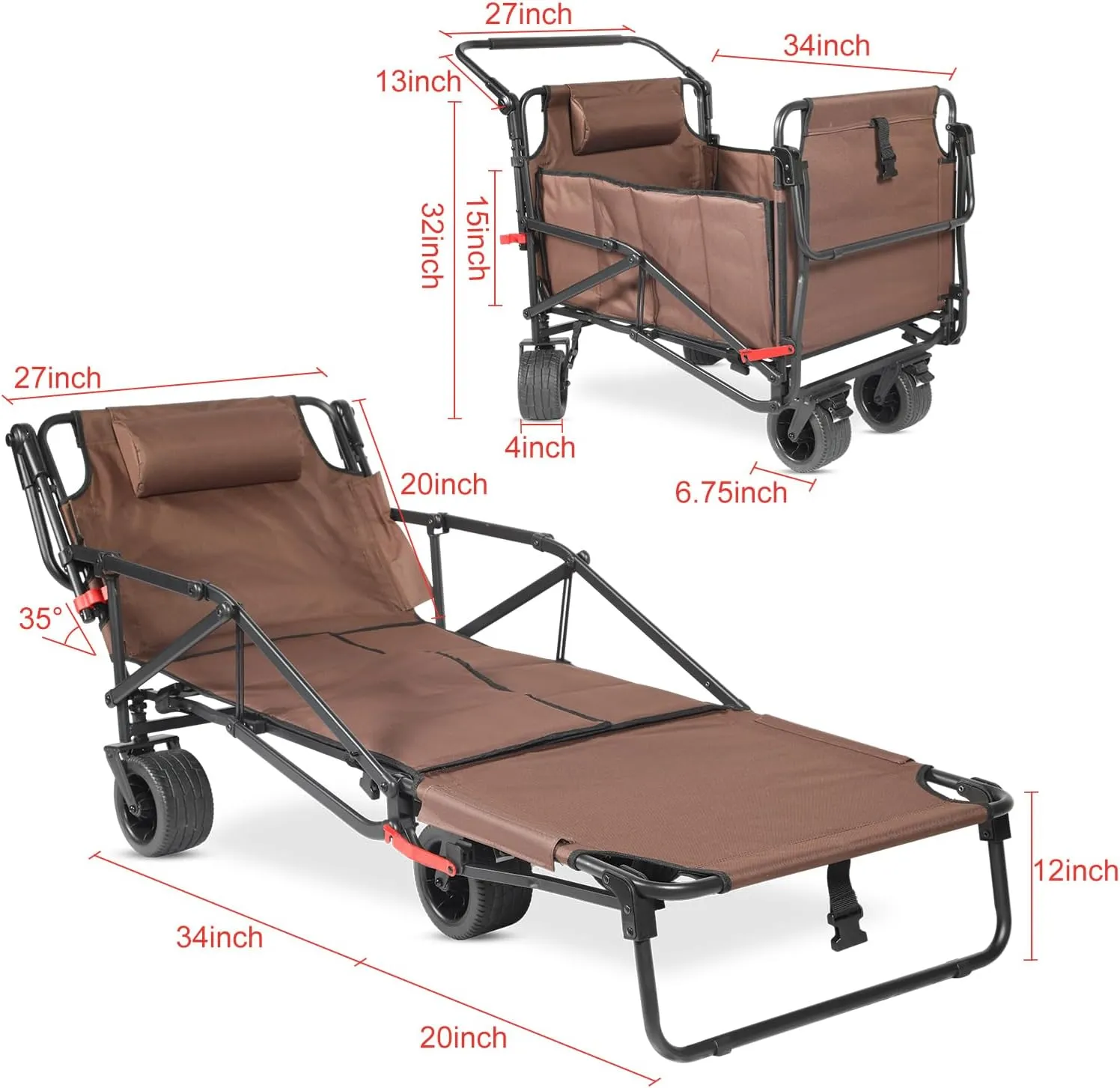 Beach Lounge Chair with All-Terrain Wheels，Folding Adjustable Patio Lounge Chair Suitable for Beaches, Fishing, Camping, Shopping and Moving (Brown)