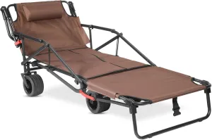 Beach Lounge Chair with All-Terrain Wheels，Folding Adjustable Patio Lounge Chair Suitable for Beaches, Fishing, Camping, Shopping and Moving (Brown)
