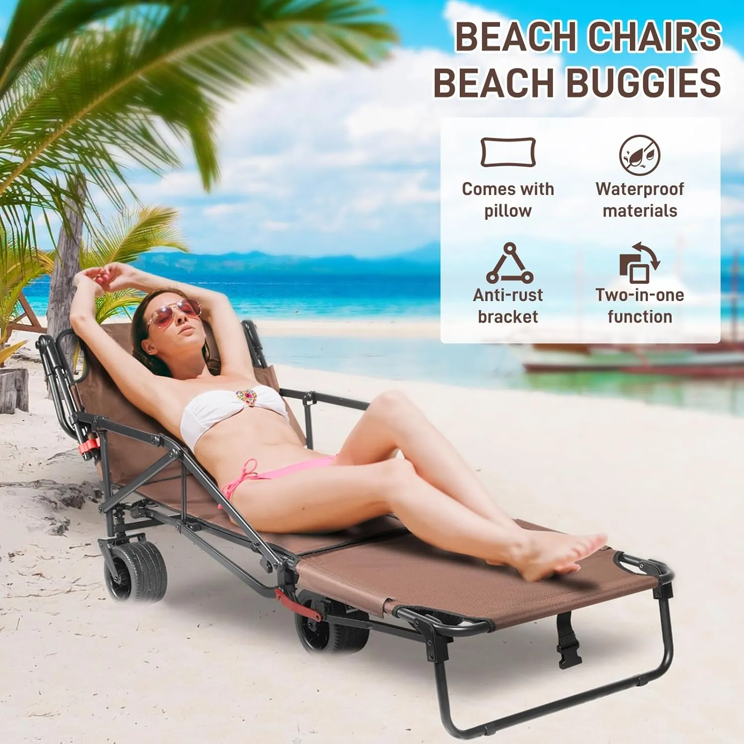 Beach Lounge Chair with All-Terrain Wheels，Folding Adjustable Patio Lounge Chair Suitable for Beaches, Fishing, Camping, Shopping and Moving (Brown)