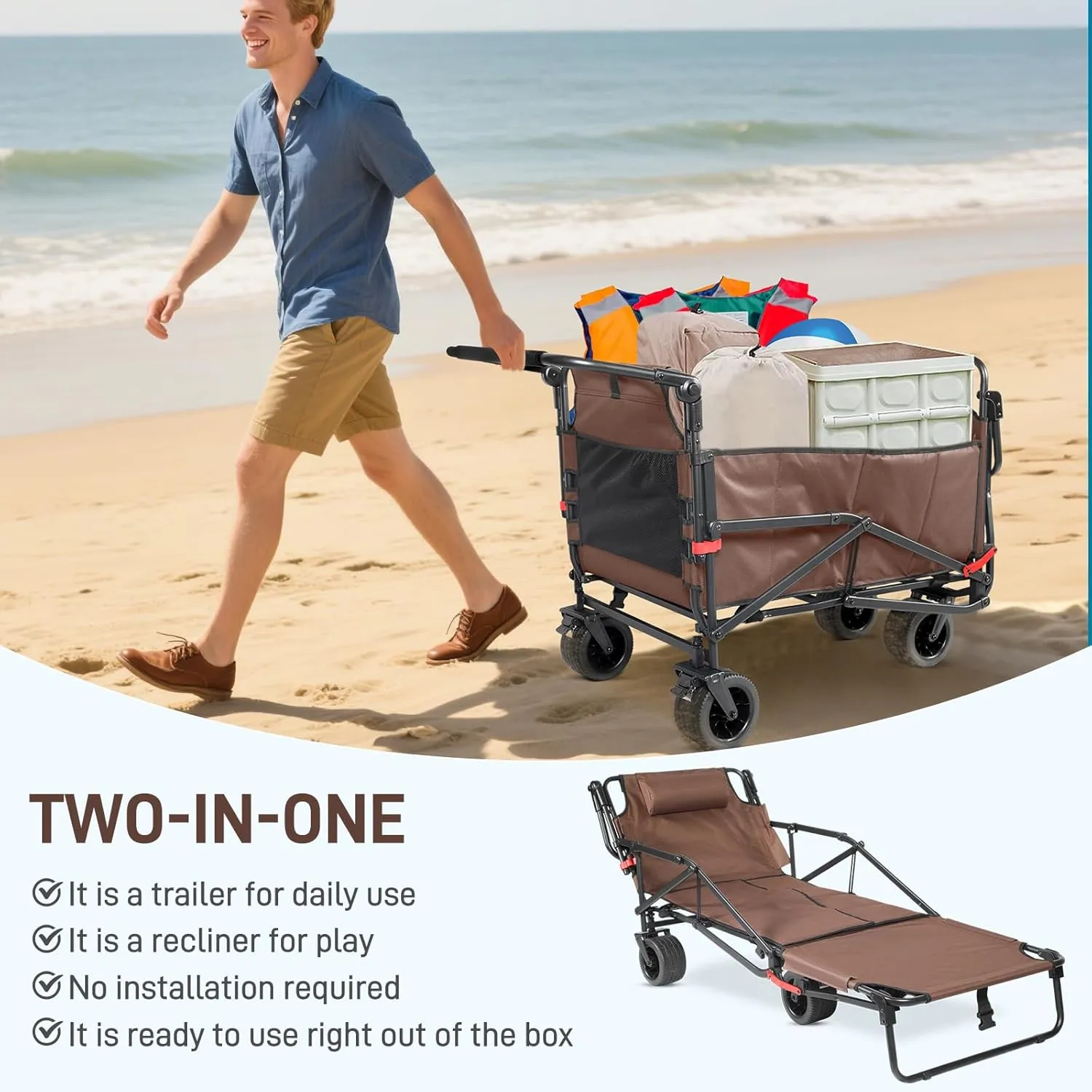 Beach Lounge Chair with All-Terrain Wheels，Folding Adjustable Patio Lounge Chair Suitable for Beaches, Fishing, Camping, Shopping and Moving (Brown)