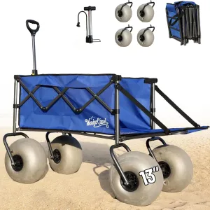 Beach Wagon with Big Wheels for Sand, 13'' Balloon Wheel, Extended Tailgate, Collapsible Cart with All Terrain Inflatable Tires (Blue)