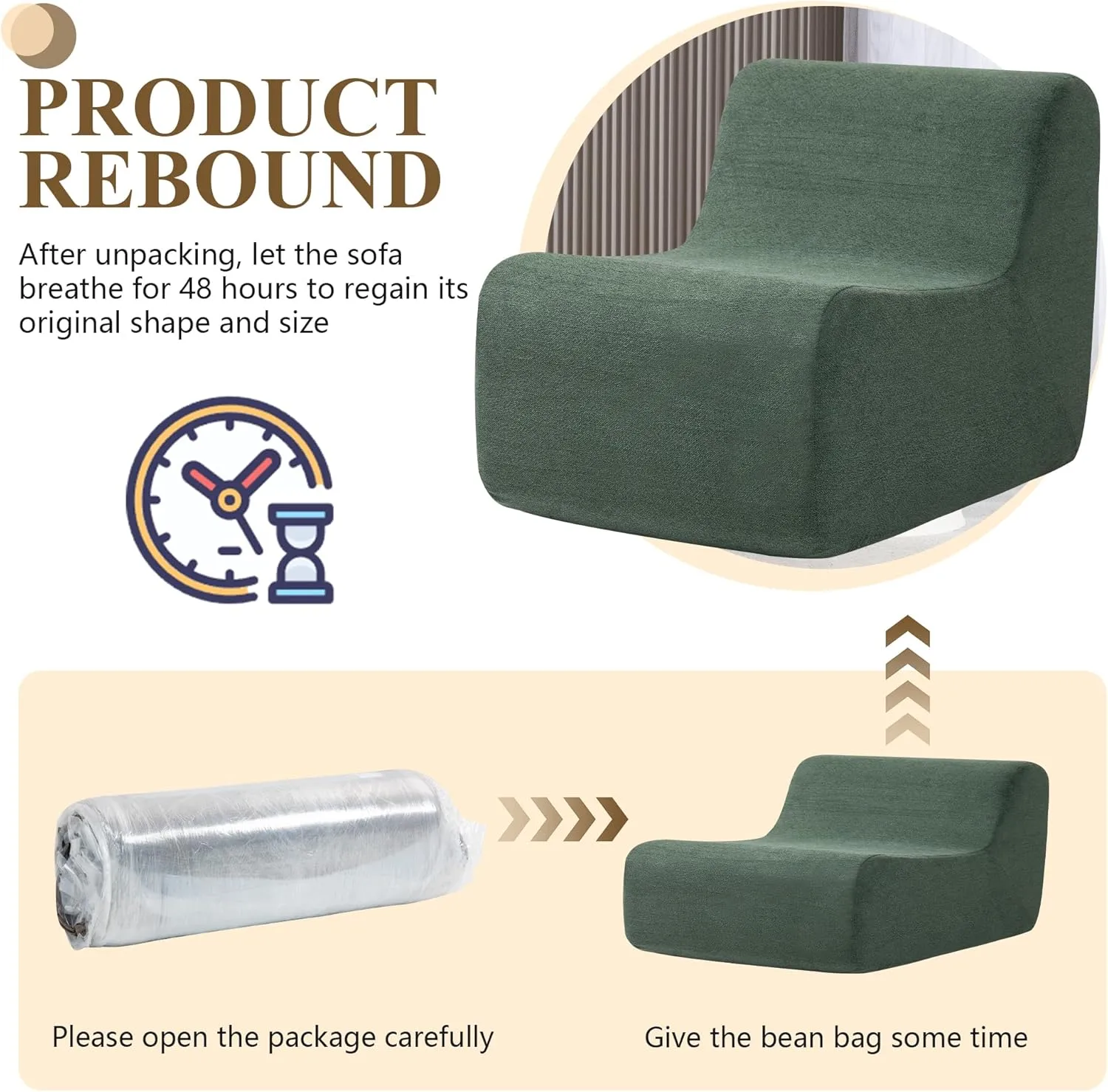 Bean Bag Chair for Adults, Comfy Reading Chair with Spring-Supported for Living Room, Bedroom, Modern Lazy Floor Sofa Chair, Green