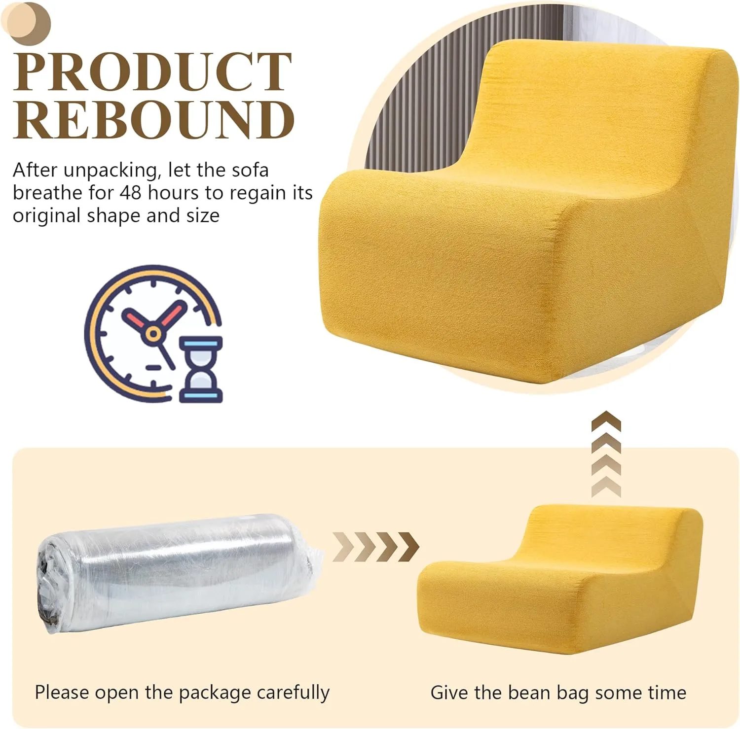 Bean Bag Chair for Adults, Comfy Reading Chair with Spring-Supported for Living Room, Bedroom, Modern Lazy Floor Sofa Chair, Yellow