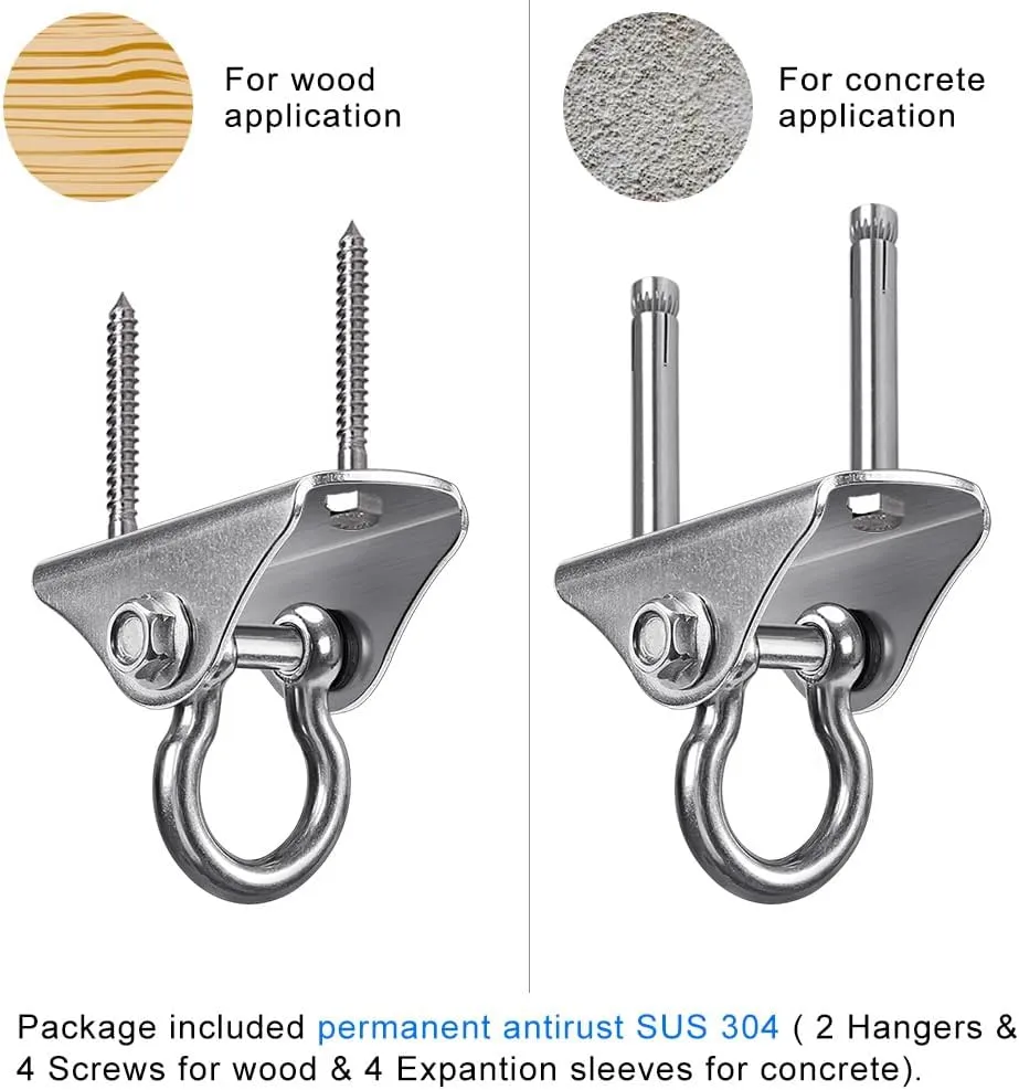 BeneLabel 2 Pack Stainless Steel 180 Swing Hooks, Heavy Duty 1000 LB Capacity, 4 Screws & 4 Expansion Bolts for Wooden & Concrete, Ceiling Mount for Hammock, Porch, Yoga, Punching Bag