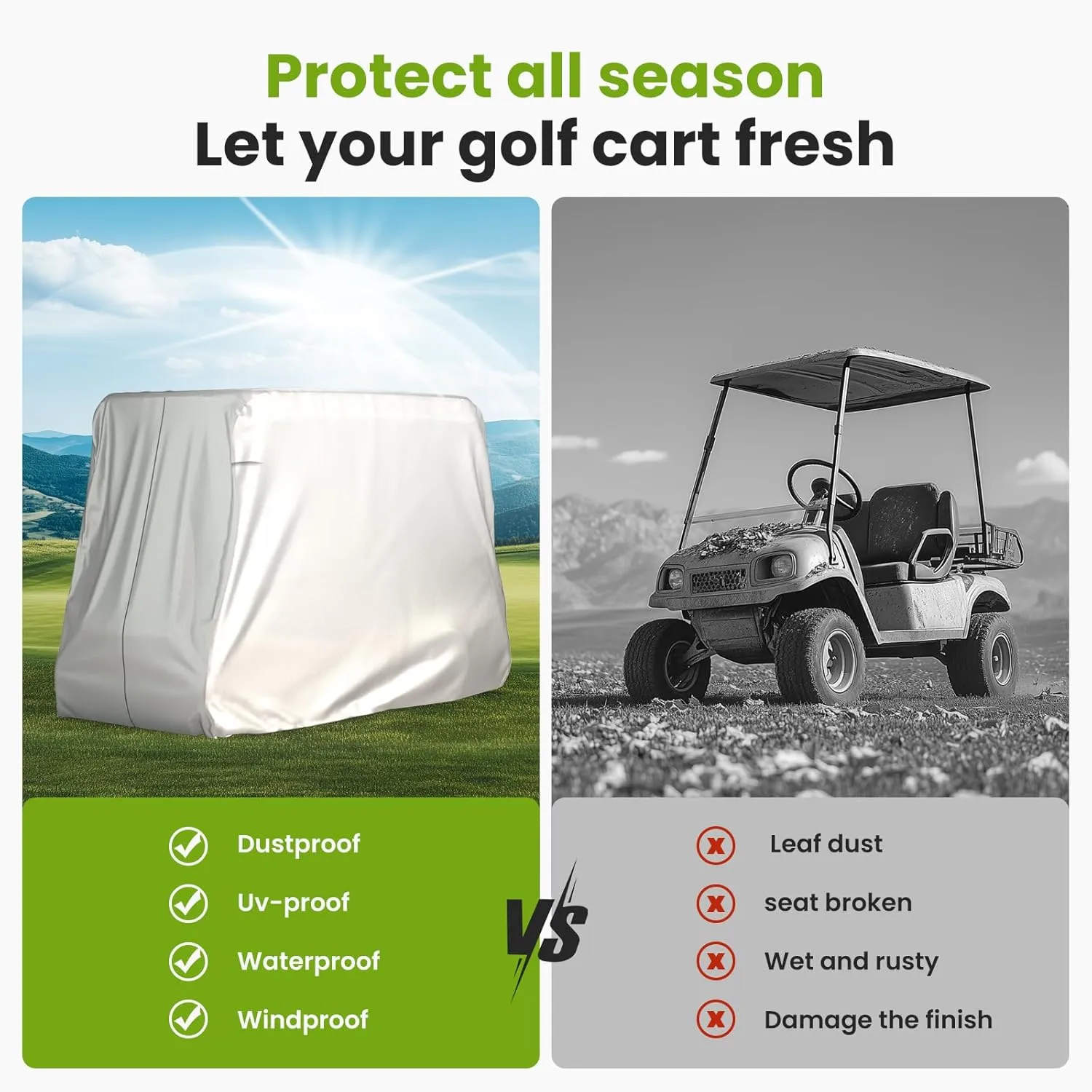BENVOL 2/4 Passenger Golf Cart Cover for Yamaha EZGO Club Car, 420T Waterproof Polyester with Silver Coating,Waterproof,Dustproof,Windproof,Sunproof，All-Weather Protection (Silver-112 * 48 * 73 in)